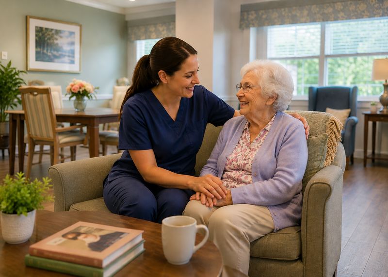 Caring staff with resident at Agape - A Waters Community